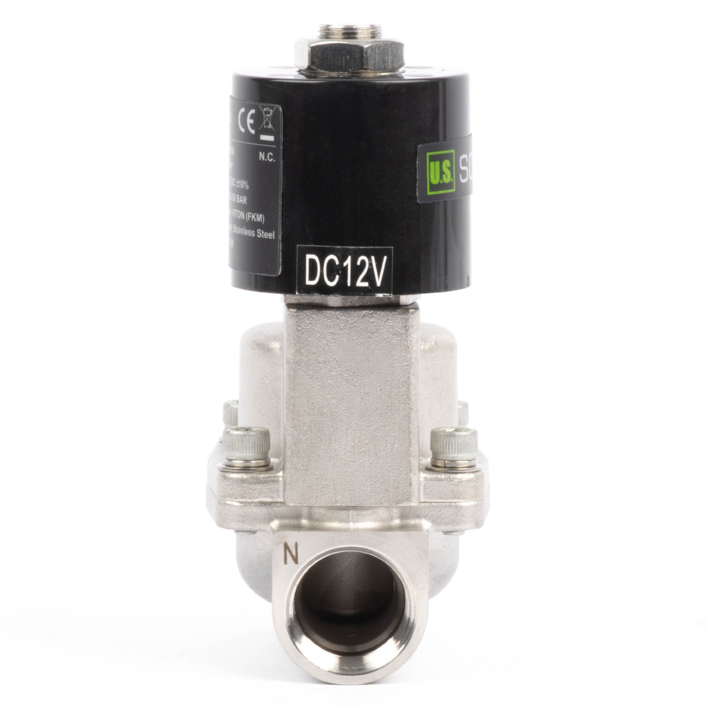 Högtemperaturmagnetventil - 3/4" rostfritt stål, 725 PSI, 12V DC, 302°F (150°C), normalt stängd, VITON-tätning