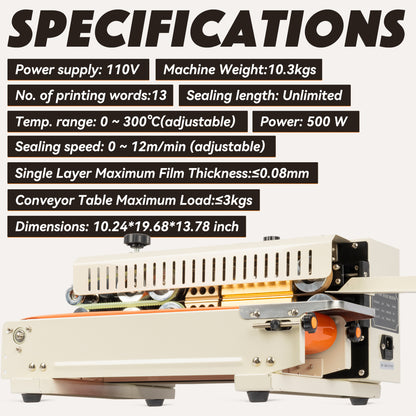 U.S. SOLID Continuous Bag Band Sealer Tabletop Sealing Machine, Automatic Horizontal Band Sealer with Digital Temperature Control