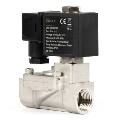 Électrovanne en acier inoxydable 1/2" - 110 V / 220 V CA, normalement fermée, 4,4-232 PSI, joint VITON