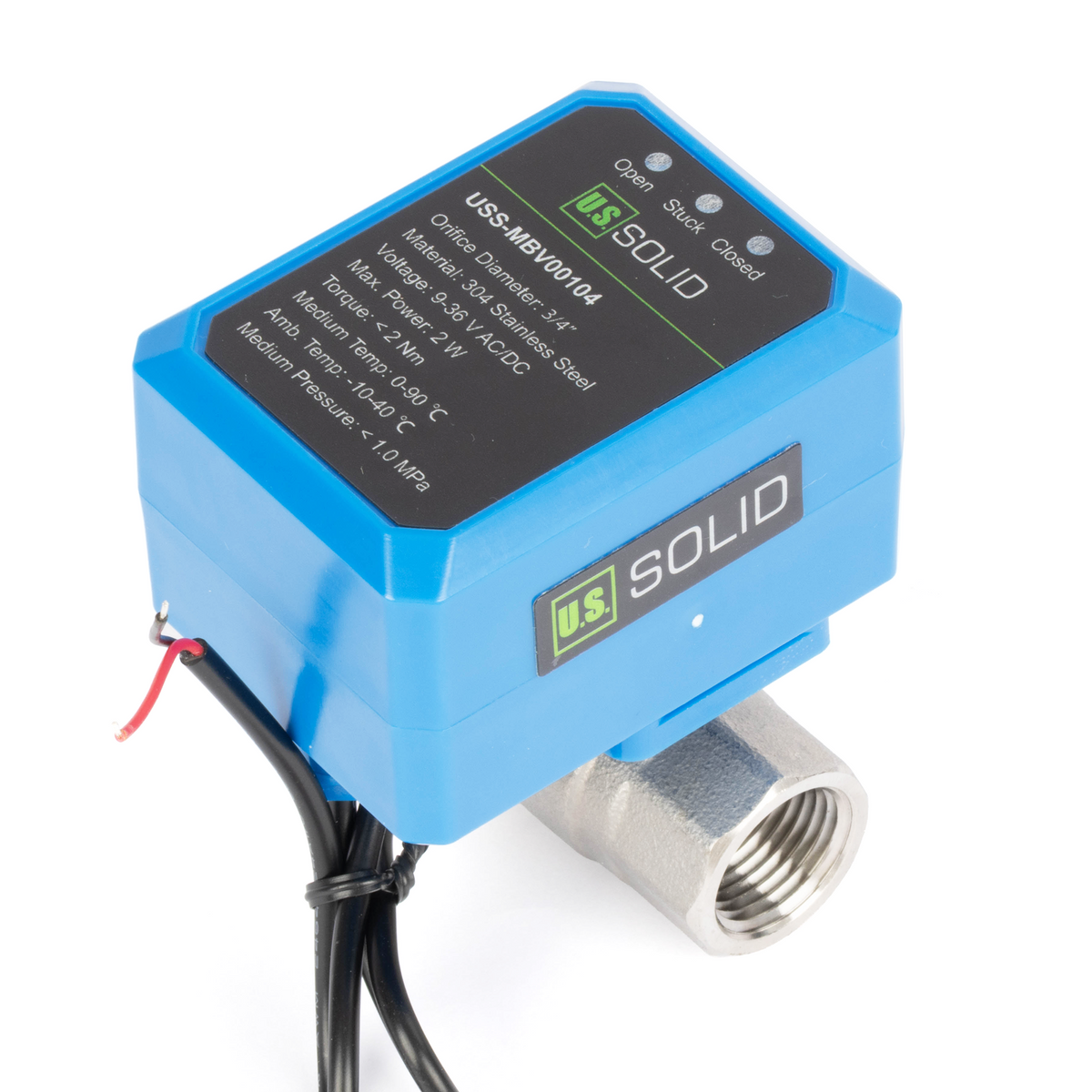 3/4" Motorized Ball Valve - 304SS 9-36V AC/DC 2-Wire Auto Return Electric Ball Valve, Normally Closed, 3 Indicator Lights
