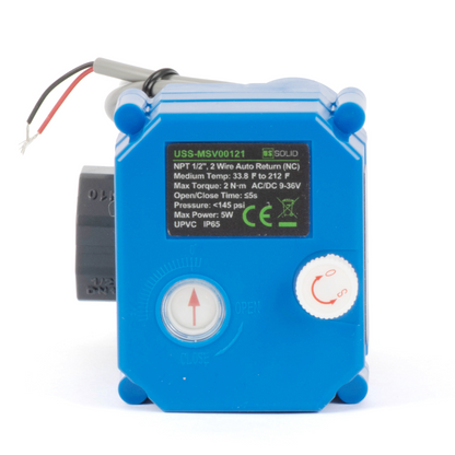 1/2" UPVC motoriseret kugleventil - 2-tråds automatisk returløb med manuel funktion, 9-36V AC/DC, normalt lukket