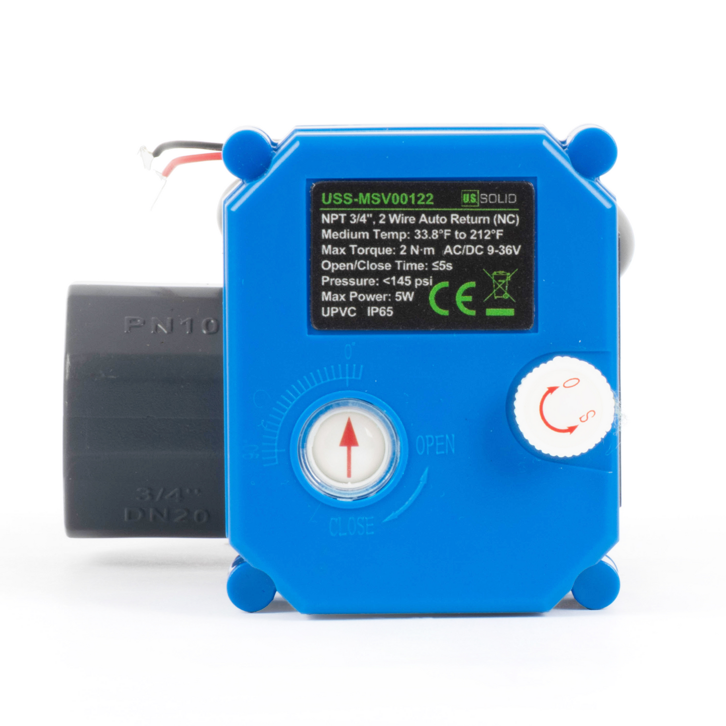 3/4” UPVC 电动球阀 - 两线自动回位带手动功能，9-36V AC/DC，常闭式