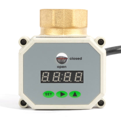 Válvula de bola motorizada de 1/2" y 2 vías con temporizador - Válvula de drenaje automática de latón con control de temporización de 00:00 a 99:59:59, IP67, CA/CC 9–24 V