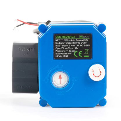 1" UPVC motorisert kuleventil - 2-leders automatisk retur med manuell funksjon, 9–36 V AC/DC, normalt lukket