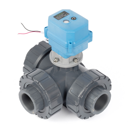 1-1/2" 3-vägs UPVC motoriserad kulventil, L-typ, 9–24V AC/DC, 2-tråds automatisk återgång, IP67 full port, normalt stängd med manuell återställning