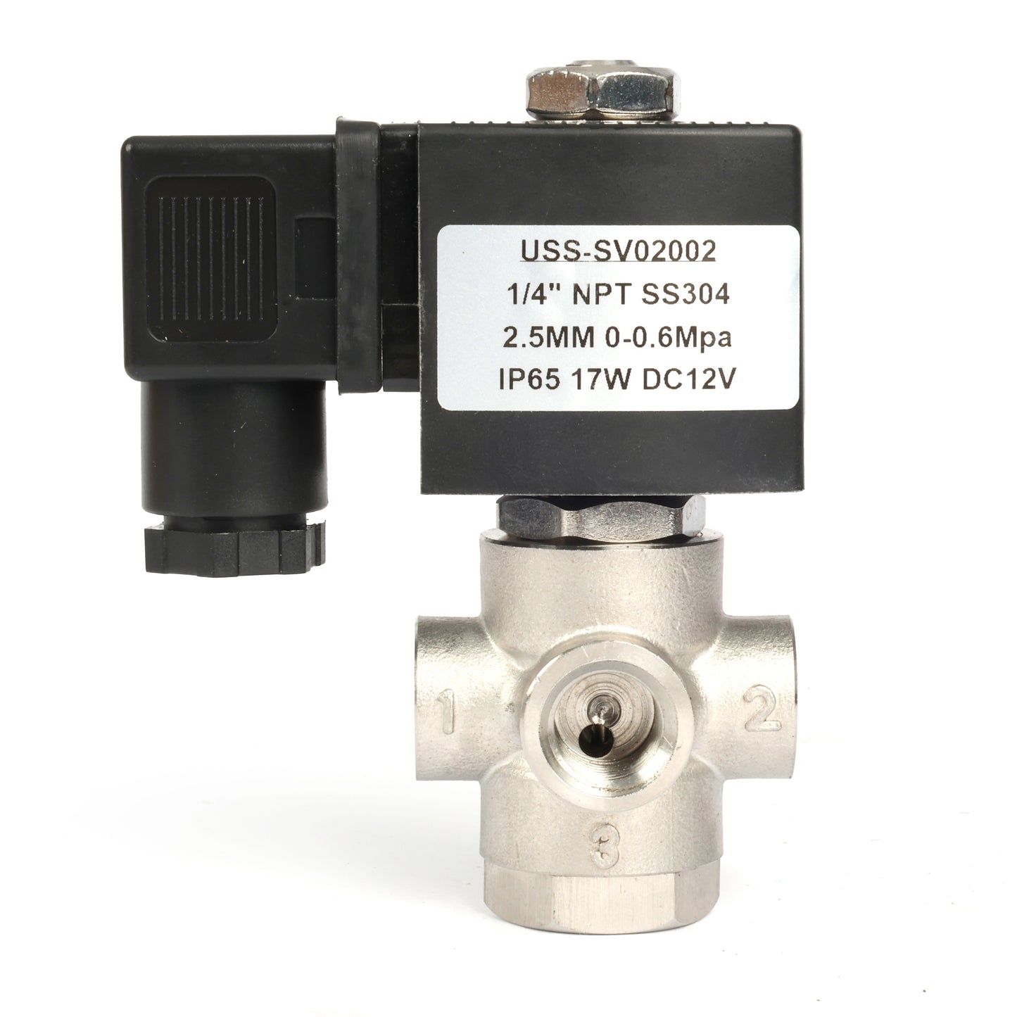 1/4" SUS304 3-tieinen solenoidiventtiili - 12 V DC, 2 asentoa