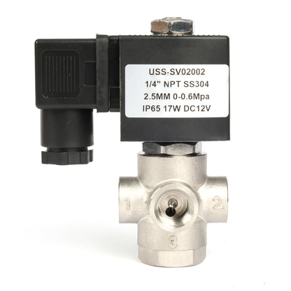 1/4" SUS304 3-tieinen solenoidiventtiili - 12 V DC, 2 asentoa