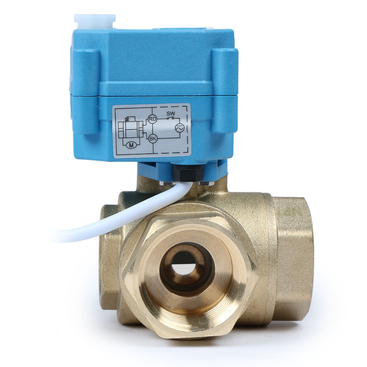 U.S. Solid 1" 3 Way Brass Motorized Ball Valve, 9-24V AC/DC, L Type, Standard Port, with Manual Function, IP67