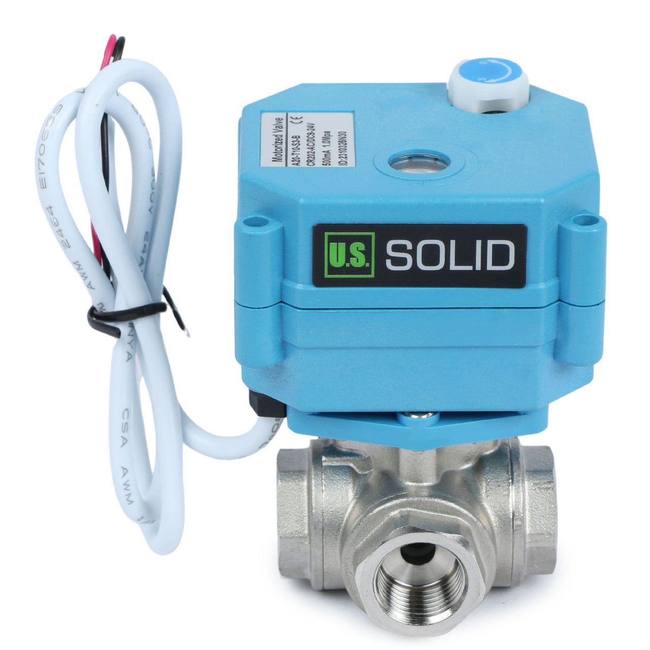 U.S. Solid 3/8" 3 Way Stainless Steel Motorized Ball Valve, 9-24V AC/DC, L Type, Standard Port, with Manual Function, IP67