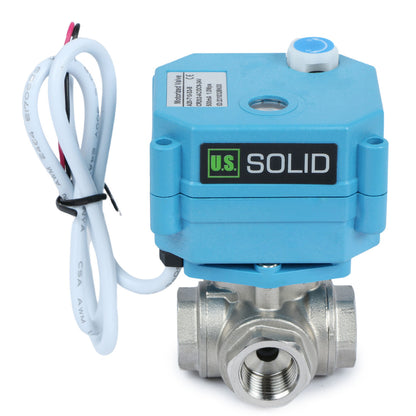 U.S. Solid 3/8" 3 Way Stainless Steel Motorized Ball Valve, 9-24V AC/DC, L Type, Standard Port, with Manual Function, IP67