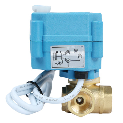 U.S. Solid 3/8" 3 Way Brass Motorized Ball Valve, 9-24V AC/DC, L Type, Standard Port, with Manual Function, IP67