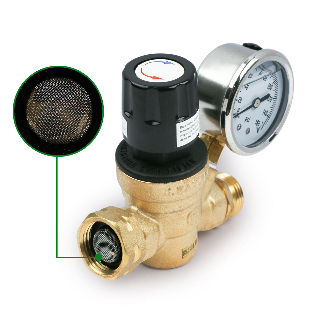 U.S. Solid Water Regulator Valve- 3/4" NH Brass Thread RV Pressure Regulator with Pressure Gauge and Water Filter