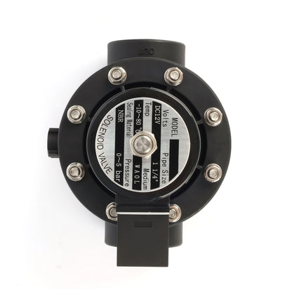 1-1/4" Plastik PA66 Solenoid Vana 12V DC, 0-5 Bar, Normalde Kapalı, NBR Contalı, Su ve Hava için