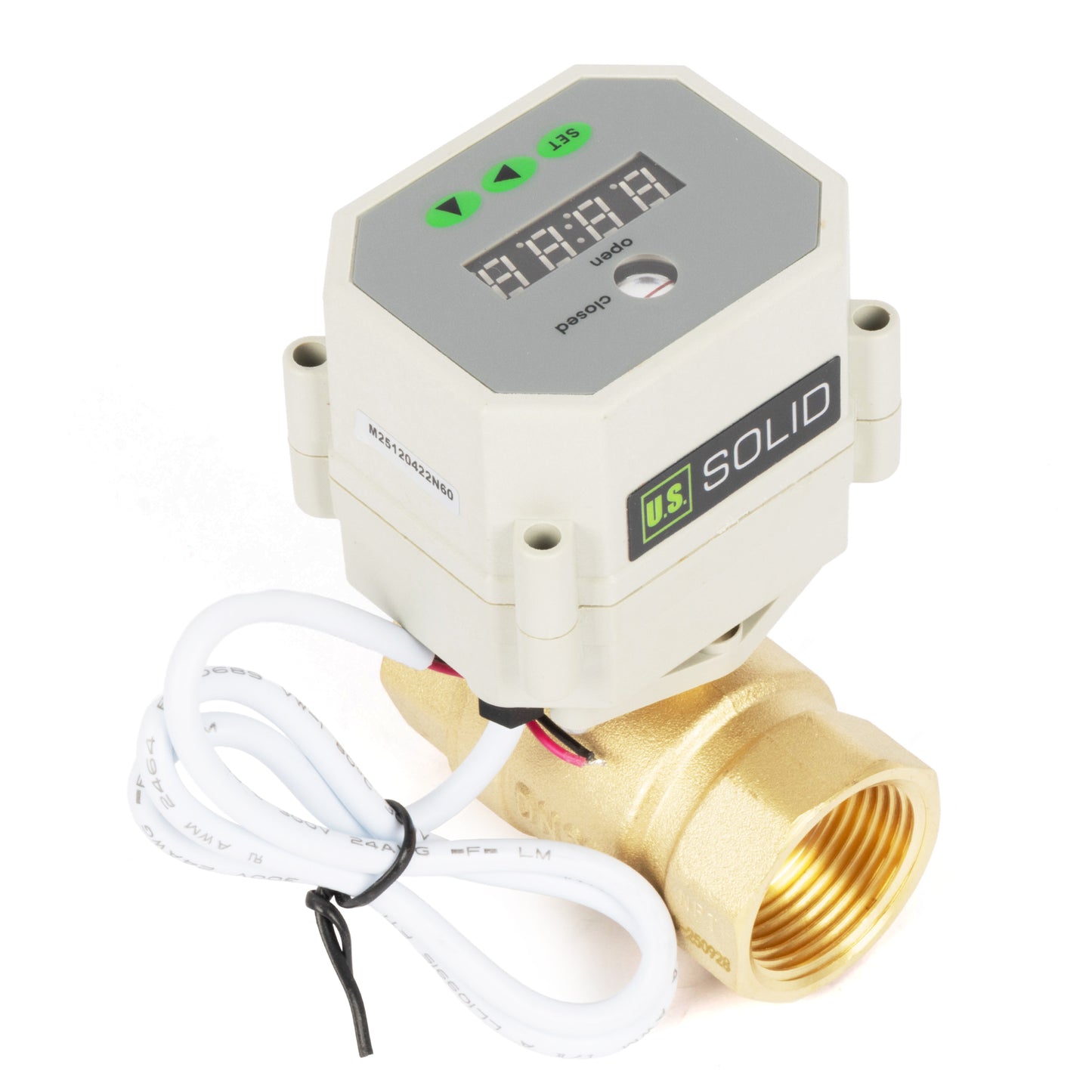1" motorisert kuleventil med timer, automatisk retur, sikkerhetsmekanisme og minne for avstengning, 2-veis elektrisk aktuator i messing, IP67, AC/DC 9–24 V