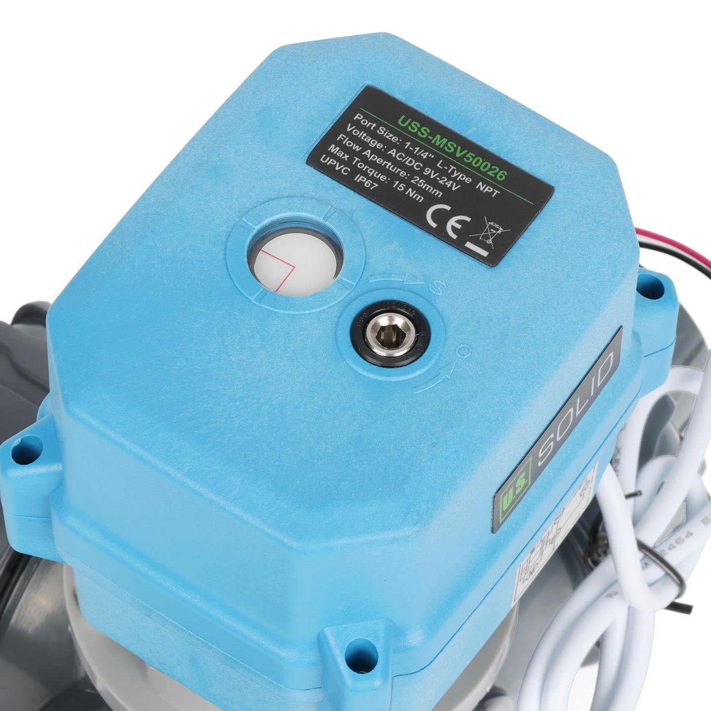1-1/4" 3-vägs UPVC motoriserad kulventil, L-typ, 9–24V AC/DC, 2-tråds automatisk återgång, IP67 full port, normalt stängd med manuell återställning