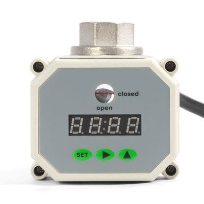 Válvula de bola motorizada de 1/2" y 2 vías con temporizador - Acero inoxidable 304. Válvula de drenaje automática con control de tiempo de 00:00 a 99:59:59, IP67, CA/CC 9–24 V.