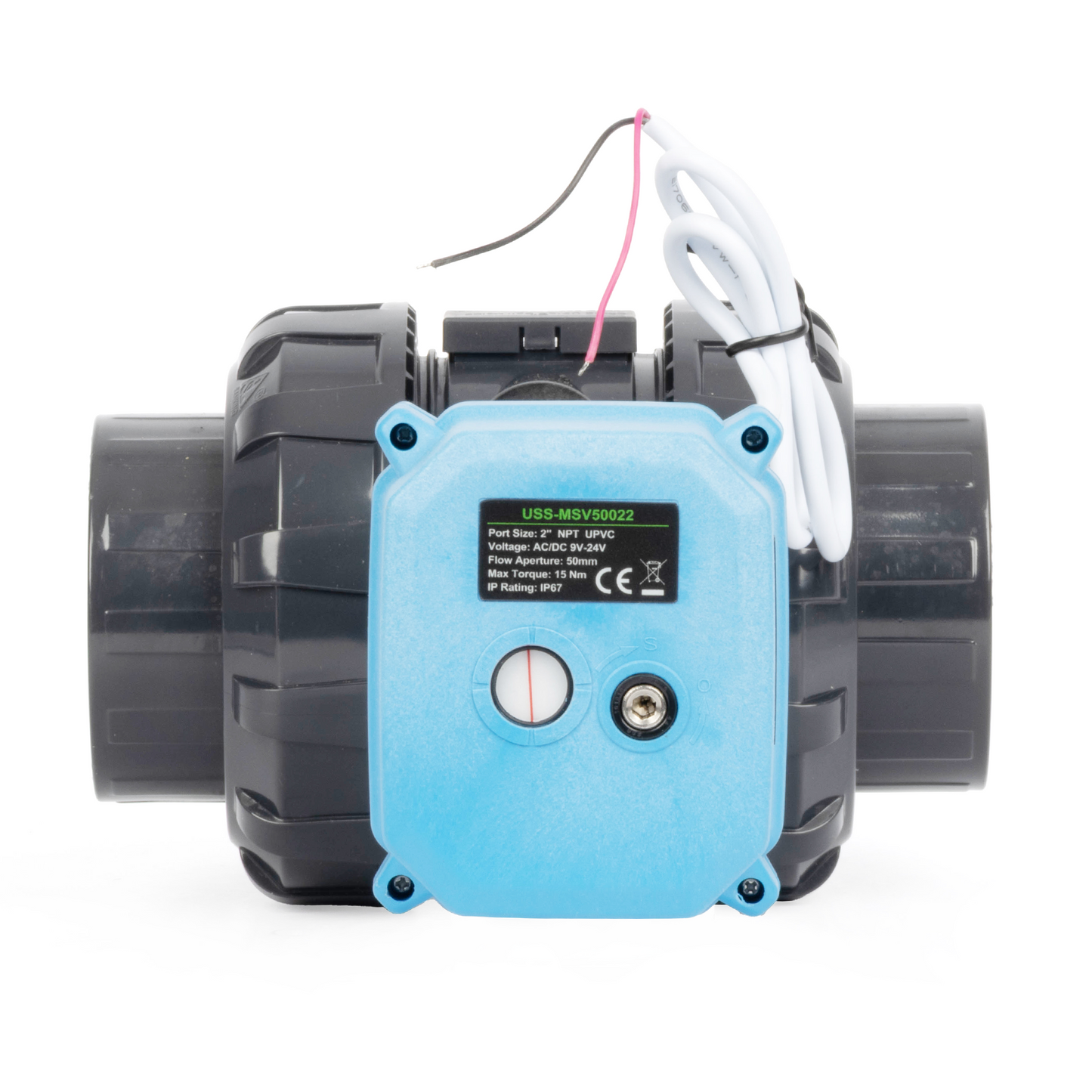 2" UPVC Motorized Ball Valve, Full Port, 9–24V AC/DC, 2-Wire Auto Return, IP67, Normally Closed with Manual Reset