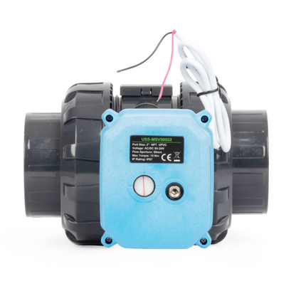 2" UPVC Motorized Ball Valve, Full Port, 9–24V AC/DC, 2-Wire Auto Return, IP67, Normally Closed with Manual Reset