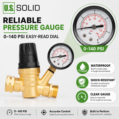 3/4" GHT RV Water Pressure Regulator - Hand Adjustable, Brass, with Gauge & Filter