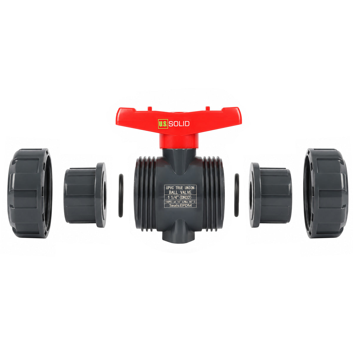 1-1/4" PVC True Union Ball Valve, Full Port, Slip Socket, Schedule 40 and 80 Compatible, 150 psi, PTFE Seat, EPDM O-Ring, 2 Pack