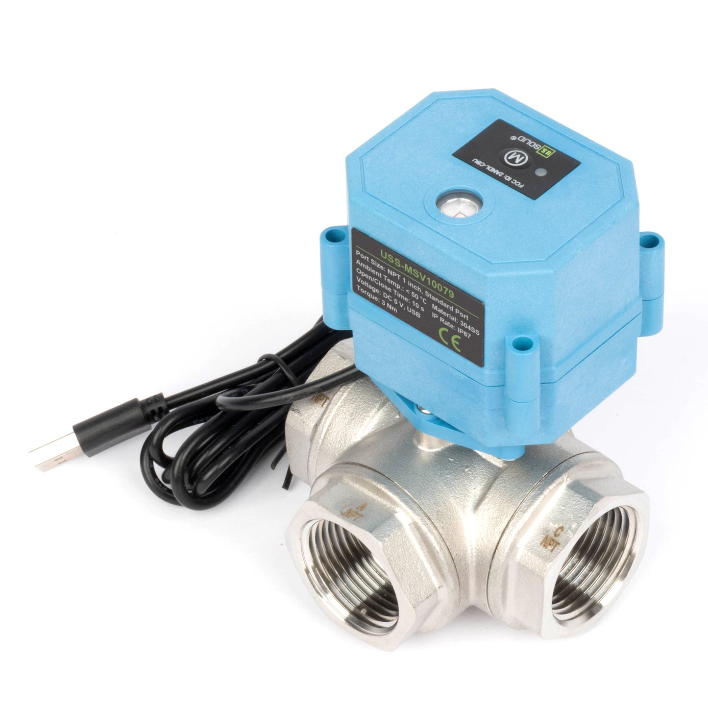 1" WiFi Älykäs moottoroitu palloventtiili, 3-tie 4-asentoinen ruostumaton teräs 304, USB-virtalähde, LED-tilanilmaisin, virtaussuunnan ikkuna, NSF-sertifioitu