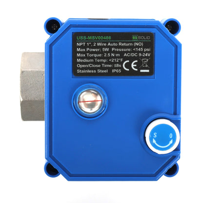 Motorized Ball Valve- 1" Stainless Steel Ball Valve with Manual Function, Full Port, 9-24V AC/DC and 2 Wire Auto Return Setup, Normally Open