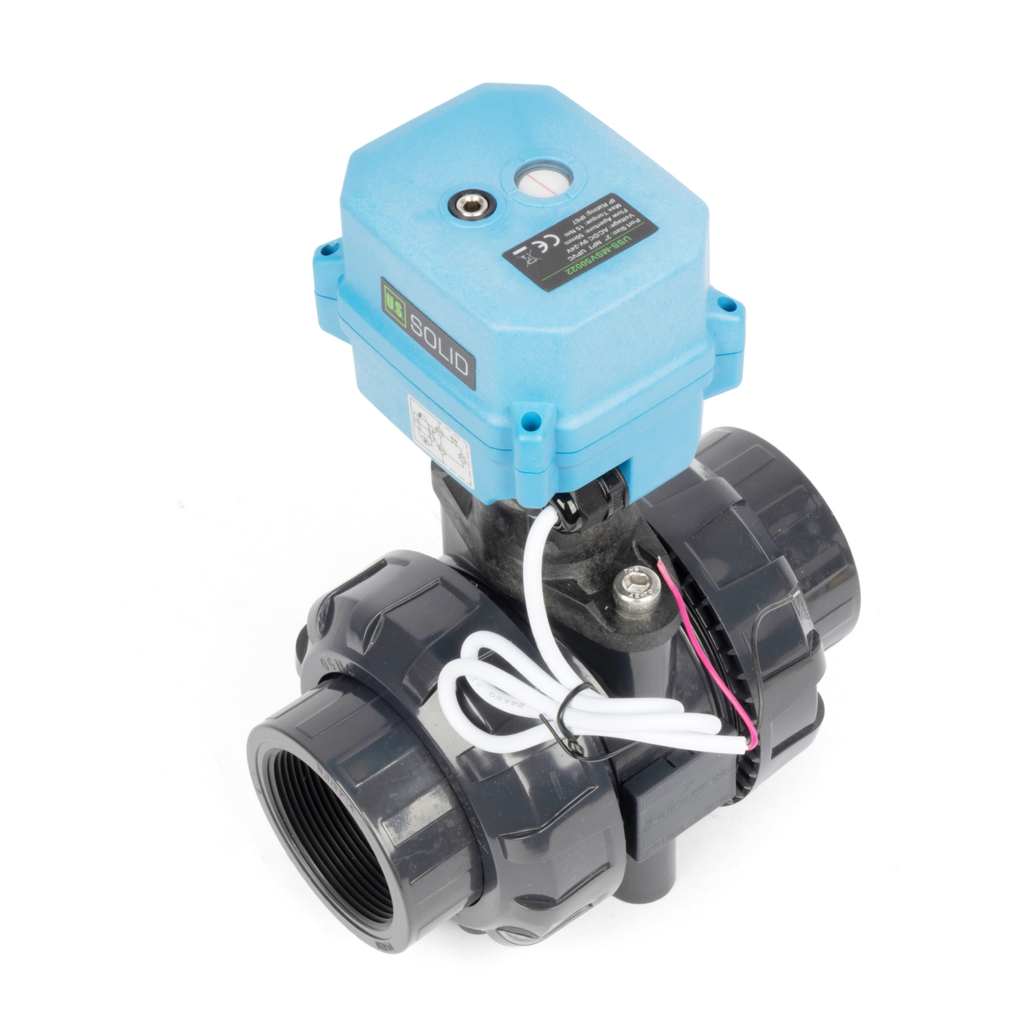 2" UPVC Motorized Ball Valve, Full Port, 9–24V AC/DC, 2-Wire Auto Return, IP67, Normally Closed with Manual Reset