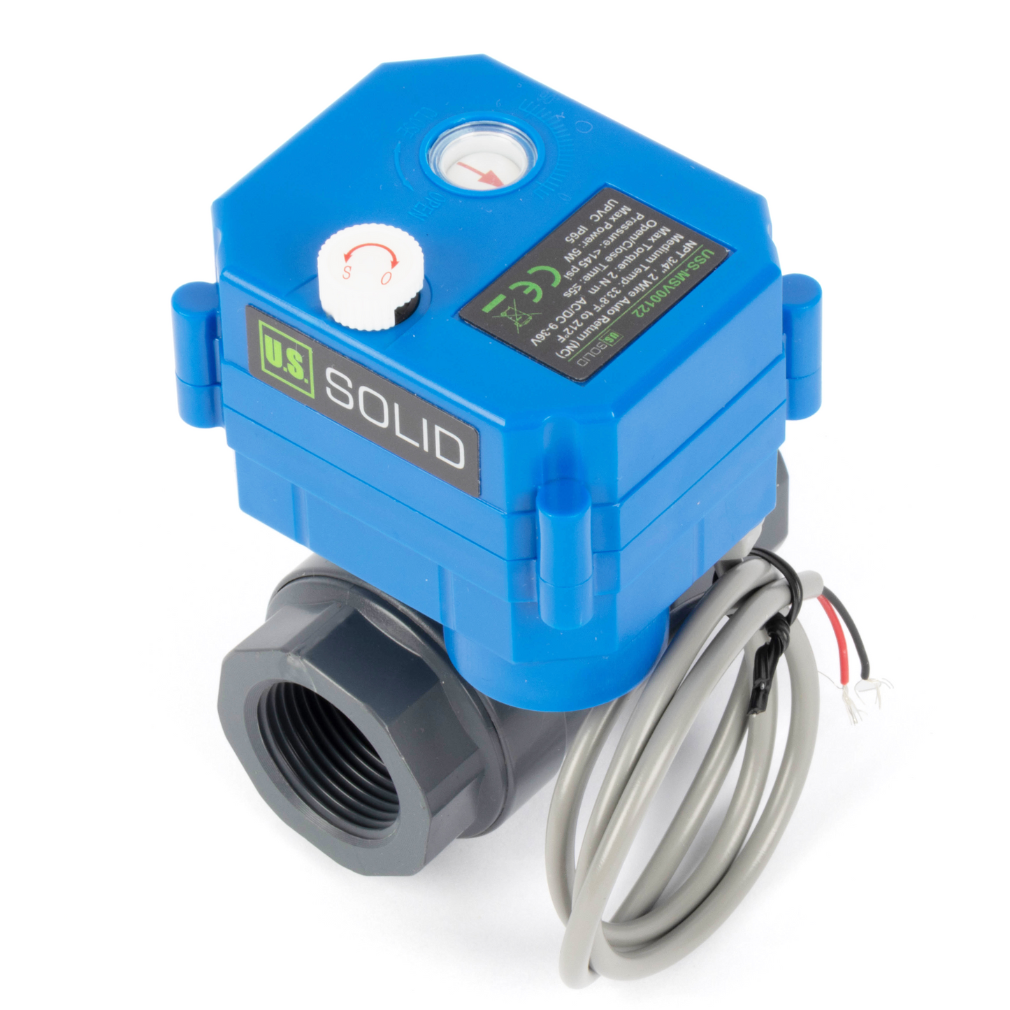 3/4” UPVC 电动球阀 - 两线自动回位带手动功能，9-36V AC/DC，常闭式