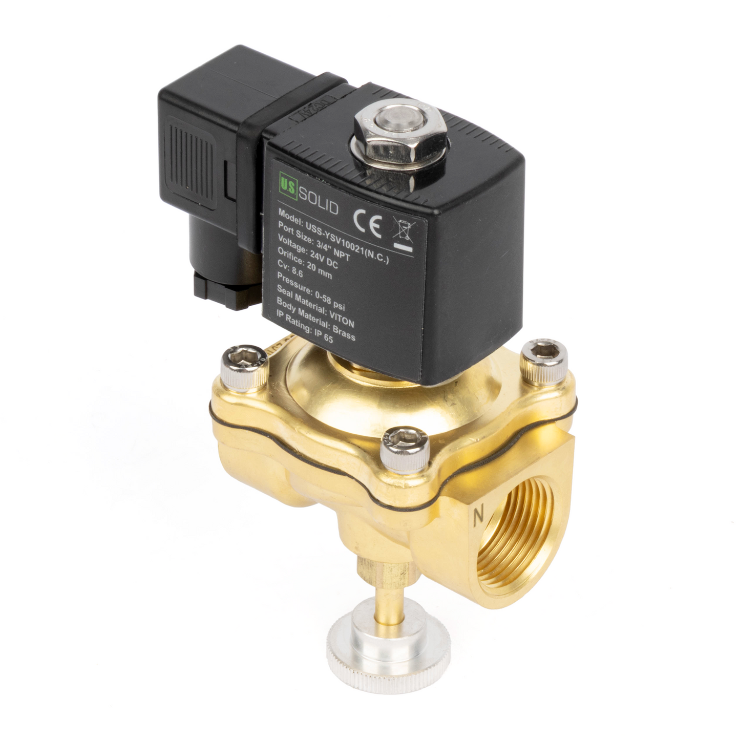 Válvula solenoide elétrica de latão de 3/4", acionamento manual, normalmente fechada, 24 V CA