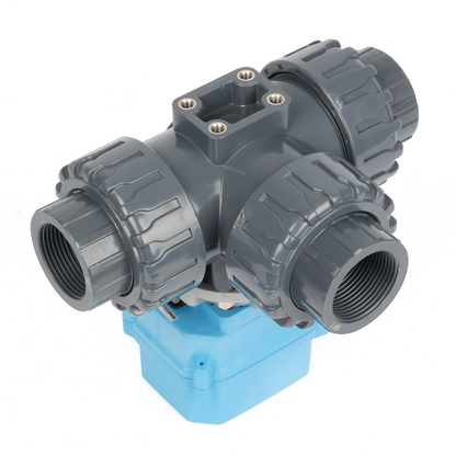 1-1/4" 3-vägs UPVC motoriserad kulventil, L-typ, 9–24V AC/DC, 2-tråds automatisk återgång, IP67 full port, normalt stängd med manuell återställning