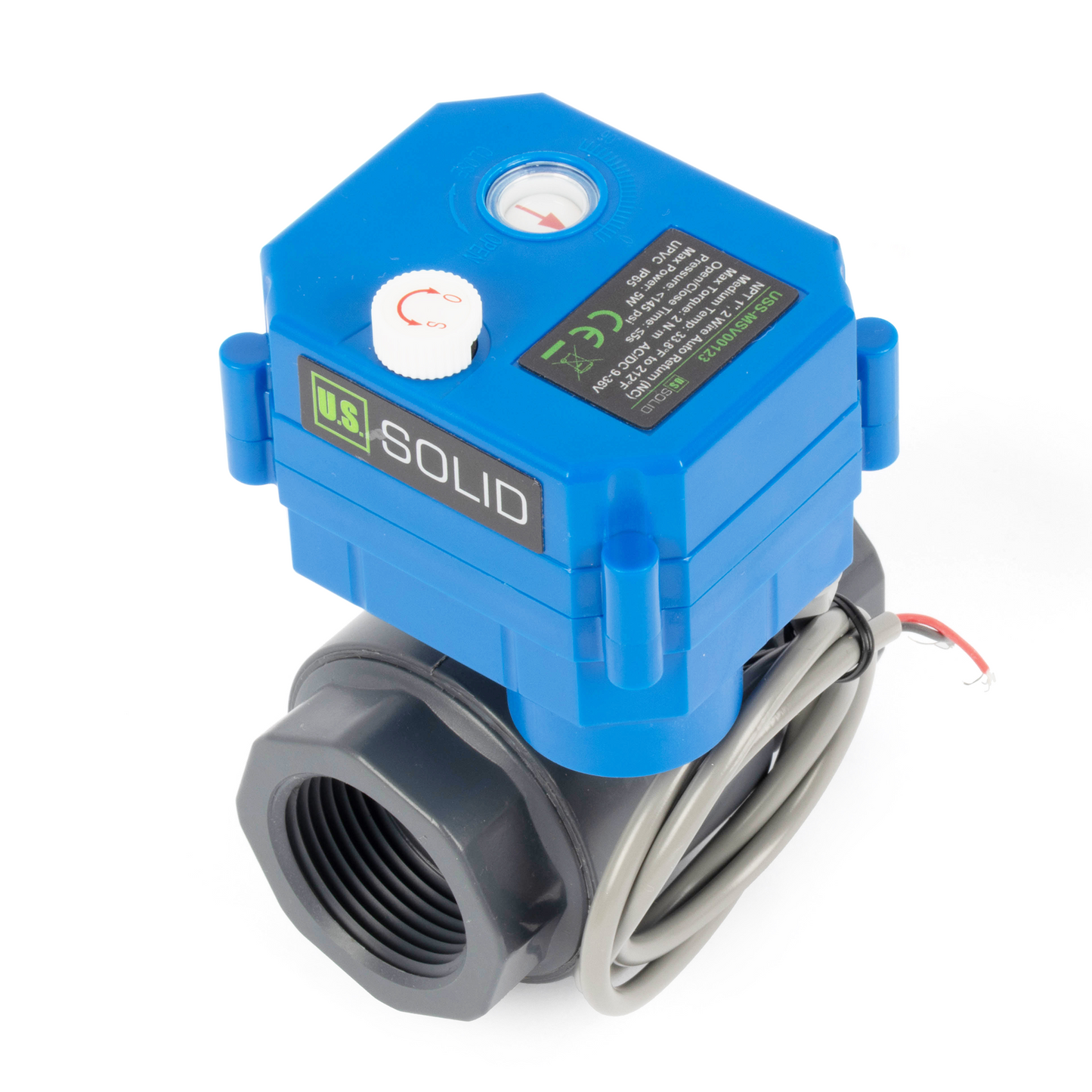 1" UPVC motorisert kuleventil - 2-leders automatisk retur med manuell funksjon, 9–36 V AC/DC, normalt lukket