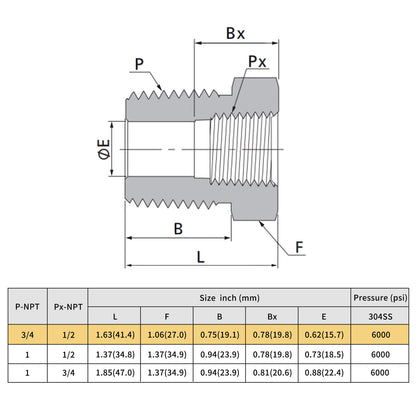 304 Edelstahl 6000 Psi Sechskantbuchse männlich*weiblich (3/4*1/2 NPT)