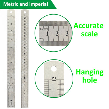 Regla de acero inoxidable de 12 pulgadas con unidades métricas