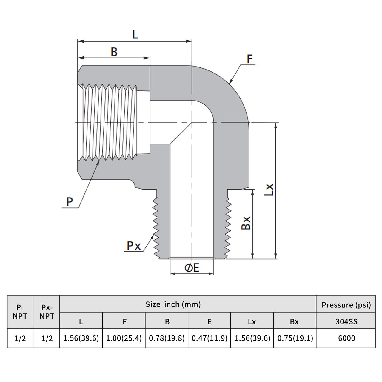 304 Stainless Steel 6000 Psi 90 Degree Elbow Male Female(1/2*1/2 NPT)