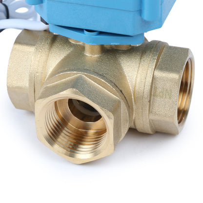 U.S. Solid 1" 3 Way Brass Motorized Ball Valve, 9-24V AC/DC, L Type, Standard Port, with Manual Function, IP67