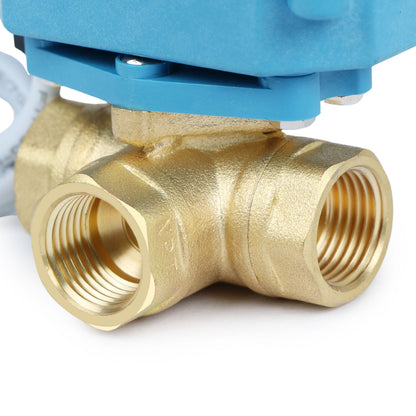 U.S. Solid 3/8" 3 Way Brass Motorized Ball Valve, 9-24V AC/DC, L Type, Standard Port, with Manual Function, IP67