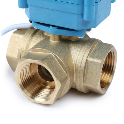 U.S. Solid 1" 3 Way Brass Motorized Ball Valve, AC110-230V, L Type, Standard Port, with Manual Function, IP67