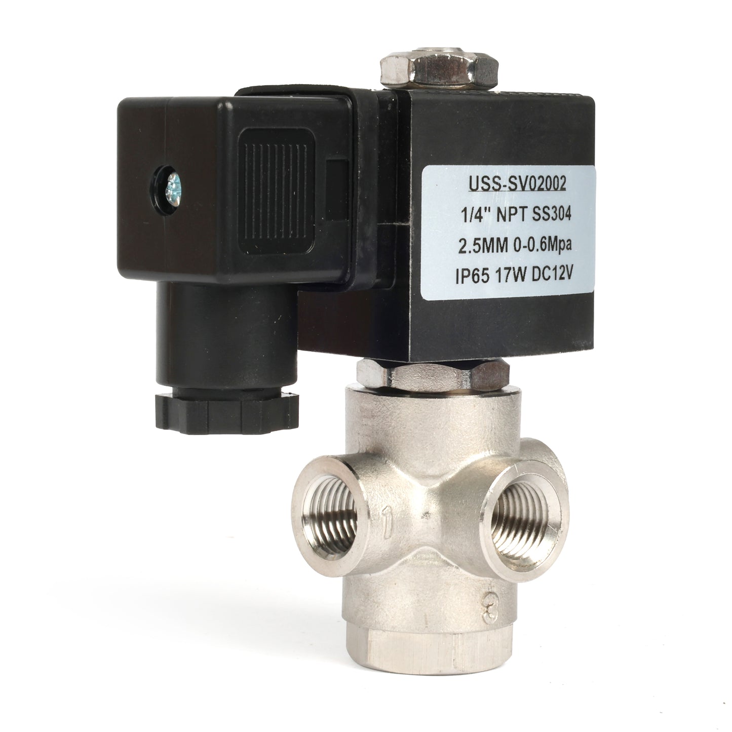 1/4" SUS304 3-tieinen solenoidiventtiili - 12 V DC, 2 asentoa