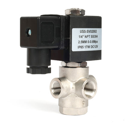1/4" SUS304 3-tieinen solenoidiventtiili - 12 V DC, 2 asentoa