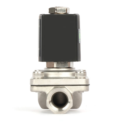 Électrovanne 3/8" - Acier inoxydable 24 V CC normalement fermée avec joint Viton, type boîte de jonction