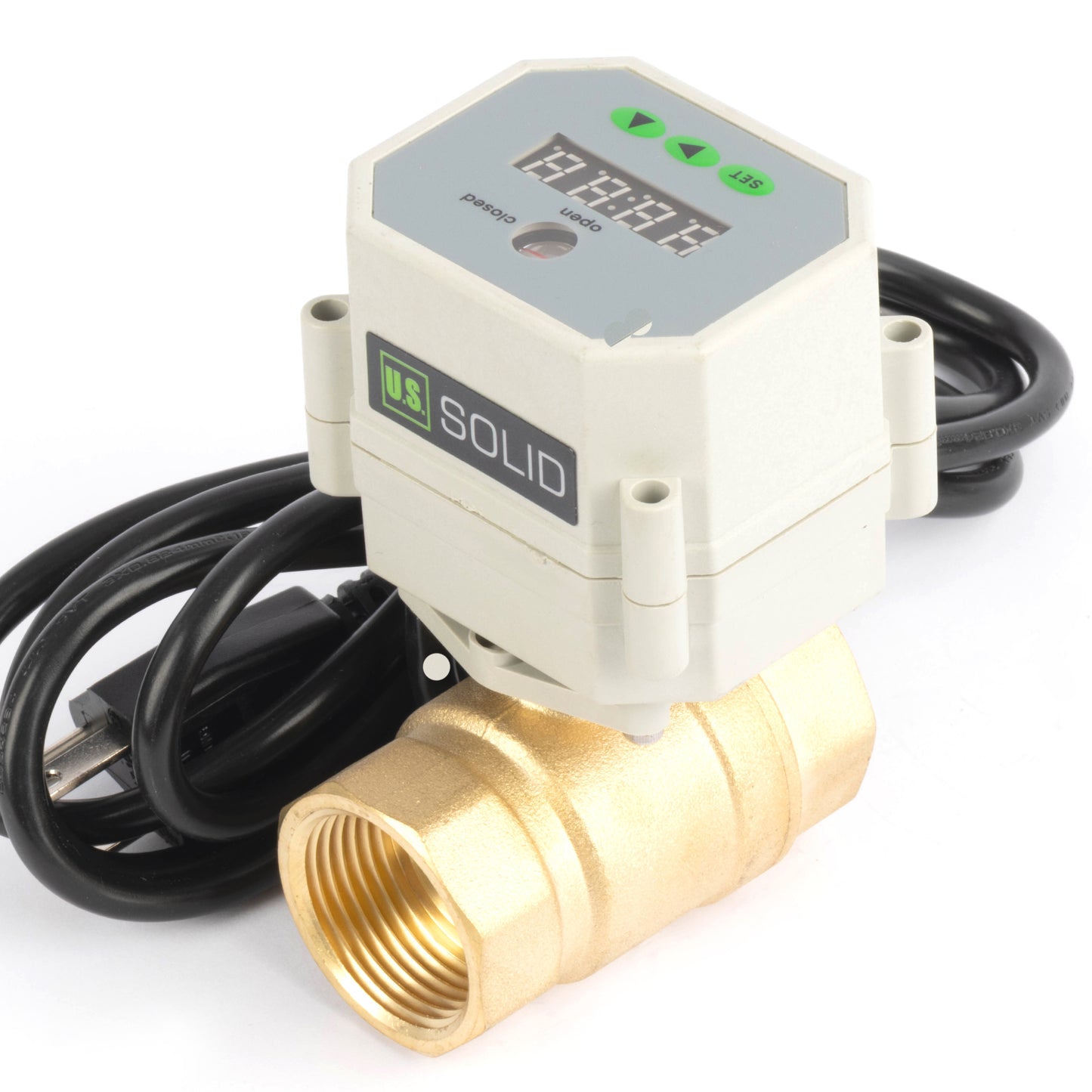 Válvula de bola motorizada de 1/2" y 2 vías con temporizador - Válvula de drenaje automática de latón con control de temporización de 00:00 a 99:59:59, IP67, CA/CC 9–24 V