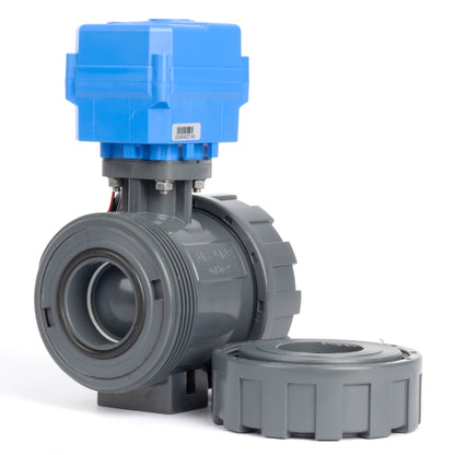 วาล์วบอลแบบมอเตอร์ไฟฟ้า UPVC ขนาด 2 นิ้ว ข้อต่อคู่ - DC 24V, 3 สาย ควบคุมเดี่ยว พร้อมระบบควบคุมด้วยมือ และซีล EPDM