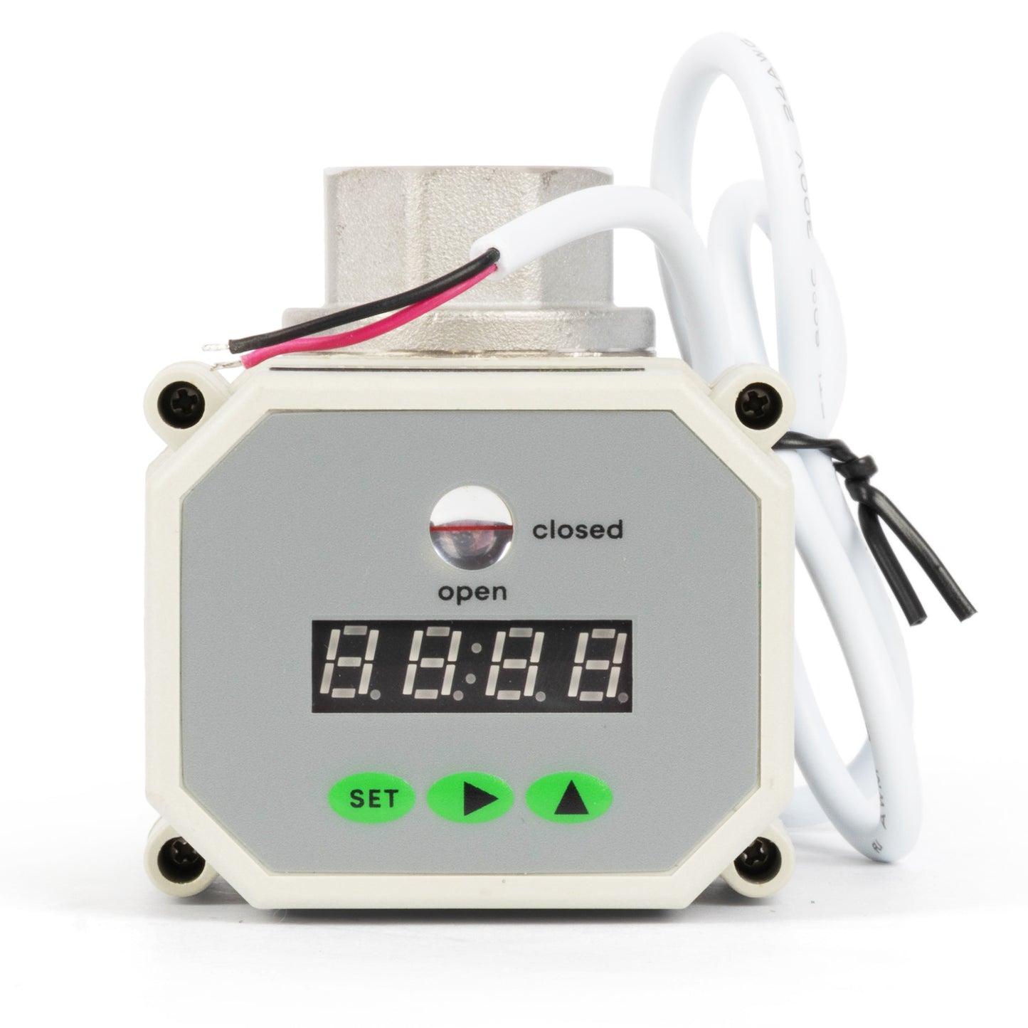 Válvula de bola motorizada con temporizador de 2 vías de 3/4" - Válvula de drenaje automático de acero inoxidable 304 con control de tiempo de 00:00 a 99:59:59, IP67, CA/CC 9-24 V