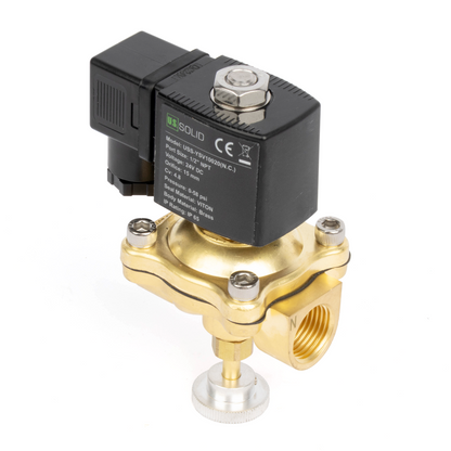 Válvula solenoide elétrica de latão de 3/4", acionamento manual, normalmente fechada, 24 V CA