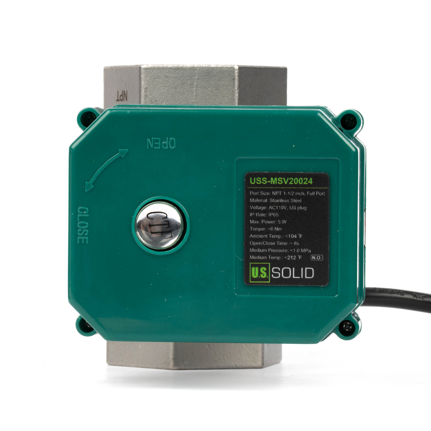 U.S. Solid 1-1/2" Μηχανοκίνητη σφαιρική βαλβίδα, 110VAC, ανοξείδωτο ατσάλι, αυτόματη επιστροφή, κανονικά κλειστό, με βύσμα ΗΠΑ