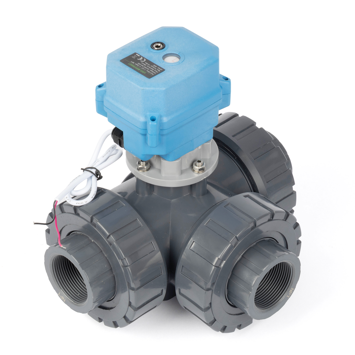 1-1/2" 3-vägs UPVC motoriserad kulventil, L-typ, 9–24V AC/DC, 2-tråds automatisk återgång, IP67 full port, normalt stängd med manuell återställning