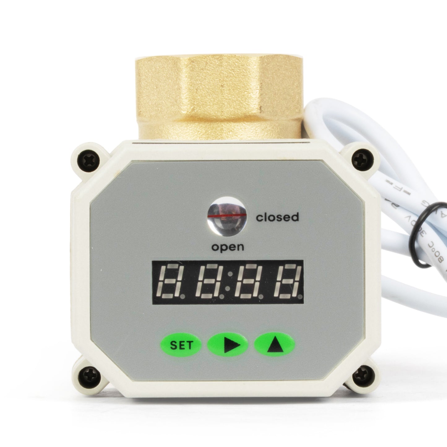 1" motorisert kuleventil med timer, automatisk retur, sikkerhetsmekanisme og minne for avstengning, 2-veis elektrisk aktuator i messing, IP67, AC/DC 9–24 V