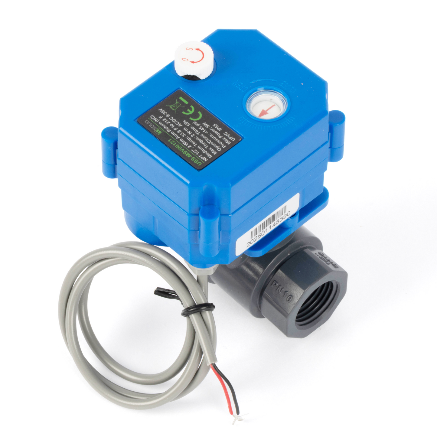 1/2" UPVC motoriseret kugleventil - 2-tråds automatisk returløb med manuel funktion, 9-36V AC/DC, normalt lukket