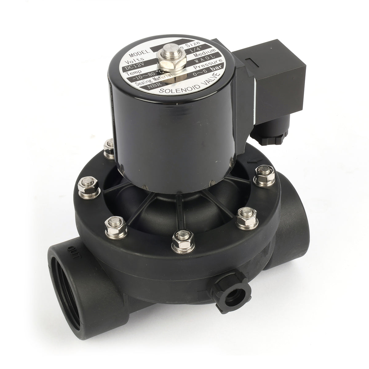 1-1/4" Plastik PA66 Solenoid Vana 12V DC, 0-5 Bar, Normalde Kapalı, NBR Contalı, Su ve Hava için