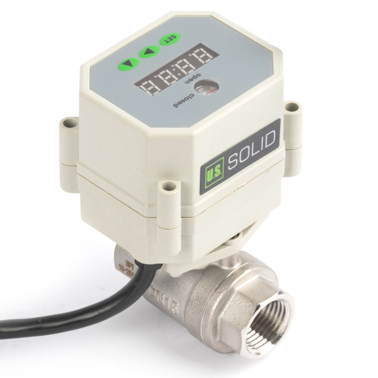 Válvula de bola motorizada de 1/2" y 2 vías con temporizador - Acero inoxidable 304. Válvula de drenaje automática con control de tiempo de 00:00 a 99:59:59, IP67, CA/CC 9–24 V.